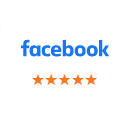 Facebook logo with five orange stars below it, representing customer reviews for Aloha Dental Las Vegas.