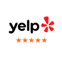 Yelp logo with five gold stars indicating excellent customer reviews for Aloha Dental Las Vegas